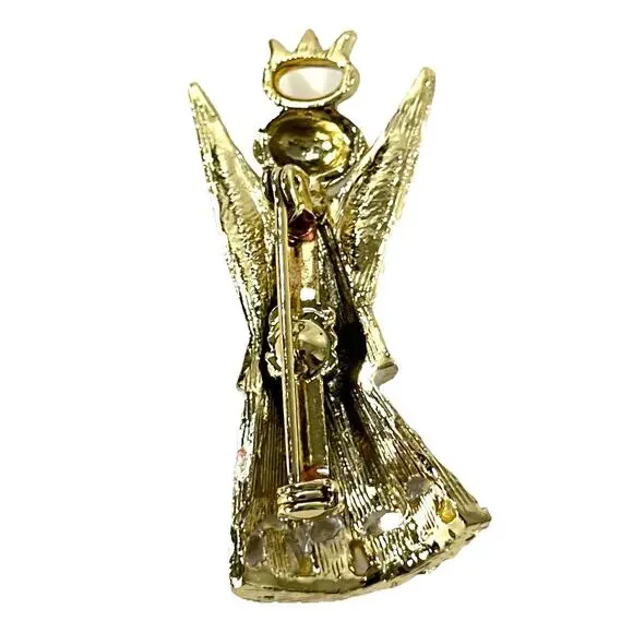 Vintage Gold Tone Angel Brooch Blue Rhinestone Accents 1.75” Holiday Pin - Picture 6 of 7